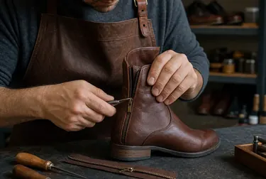 Sapateiro reparando o zíper de uma bota em Araguaína.