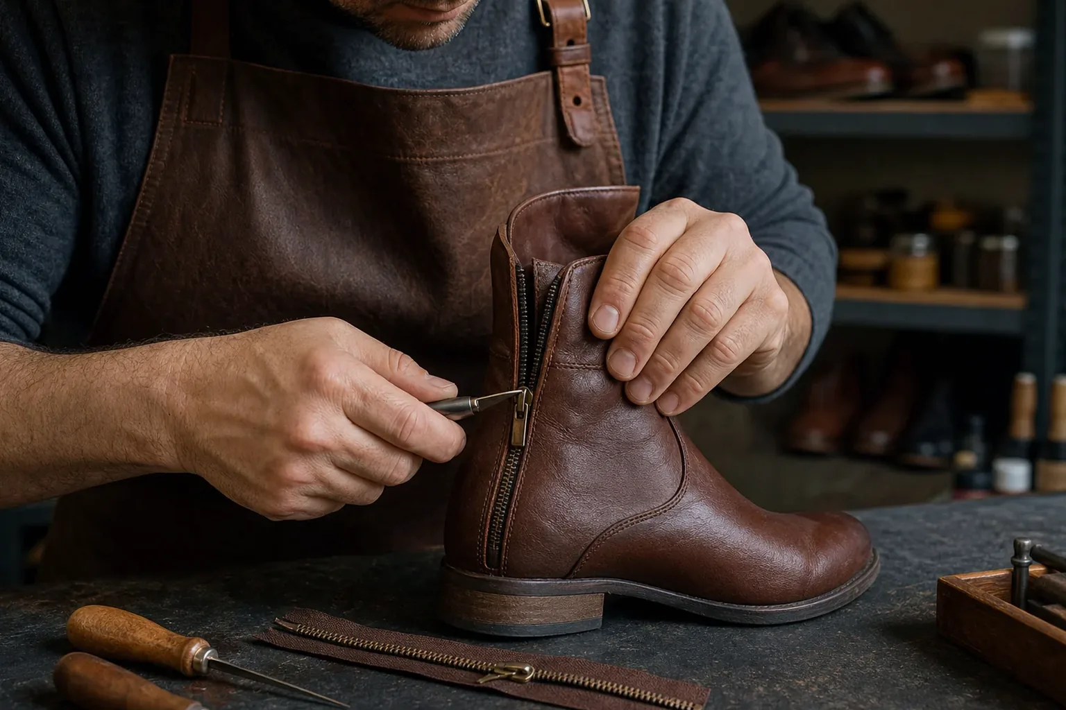 Sapateiro reparando o zíper de uma bota em Araguaína.